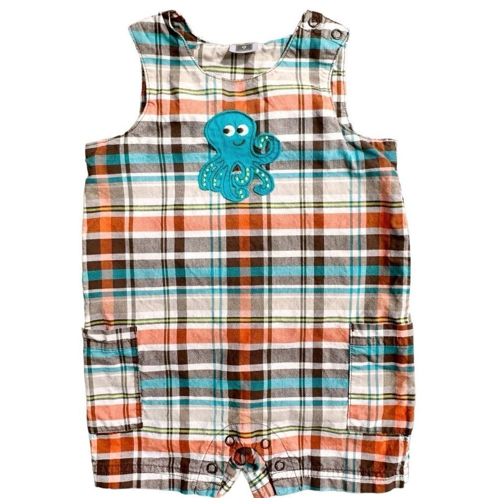 Carter’s Baby Boy Kids Plaid Octopus Embroidered Sleeveless Romper. 9 Months.